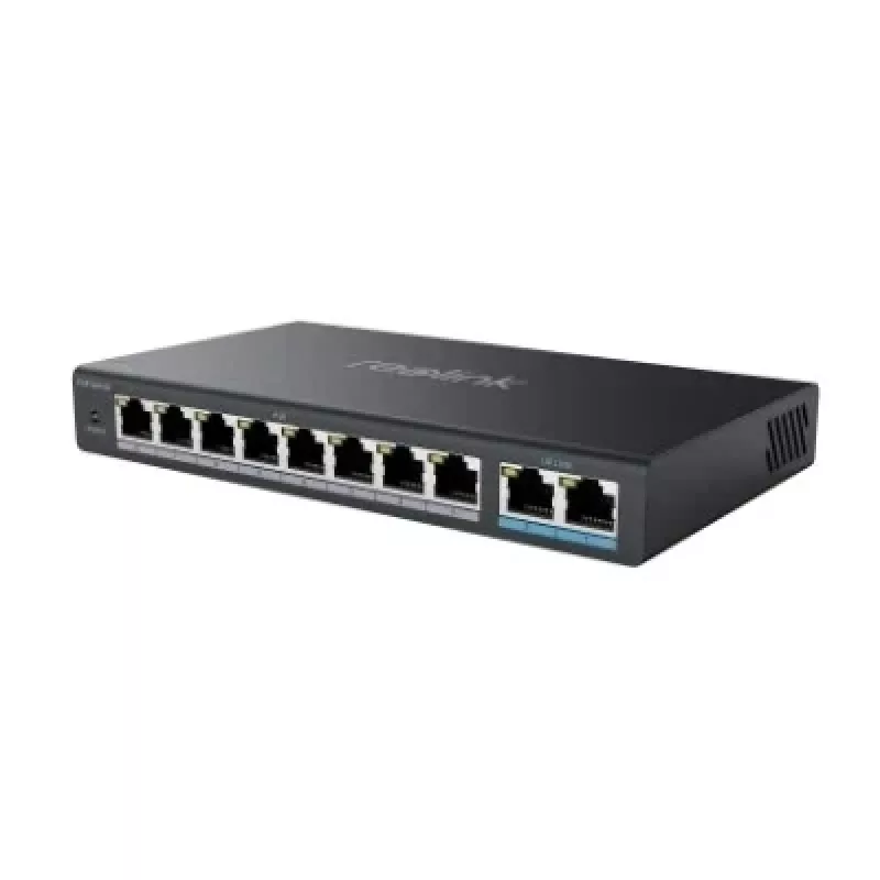 Tinklo PoE jungiklis Reolink RLA-PS1 – 8 PoE prievadai, 150W biudžetas, IEEE 802.3af/at, 2x Gigabit uplink