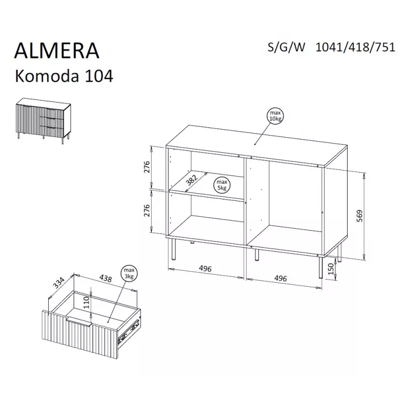 Komoda Cama Meble ALMERA 104x42x75 cm, riešutas/kreminė, 3 stalčiai, medžio drožlių plokštė
