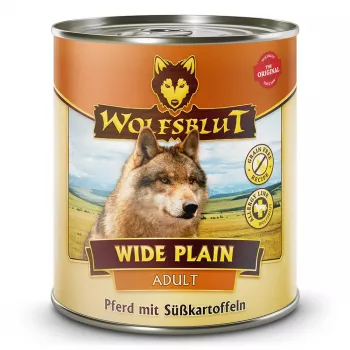 Šlapias šunų ėdalas Wolfsblut Wide Plain Horse Meat with Sweet Potatoes 800 g – pilnavertis konservuotas monoproteininis pašaras suaugusiems šunims, be glitimo ir sojos