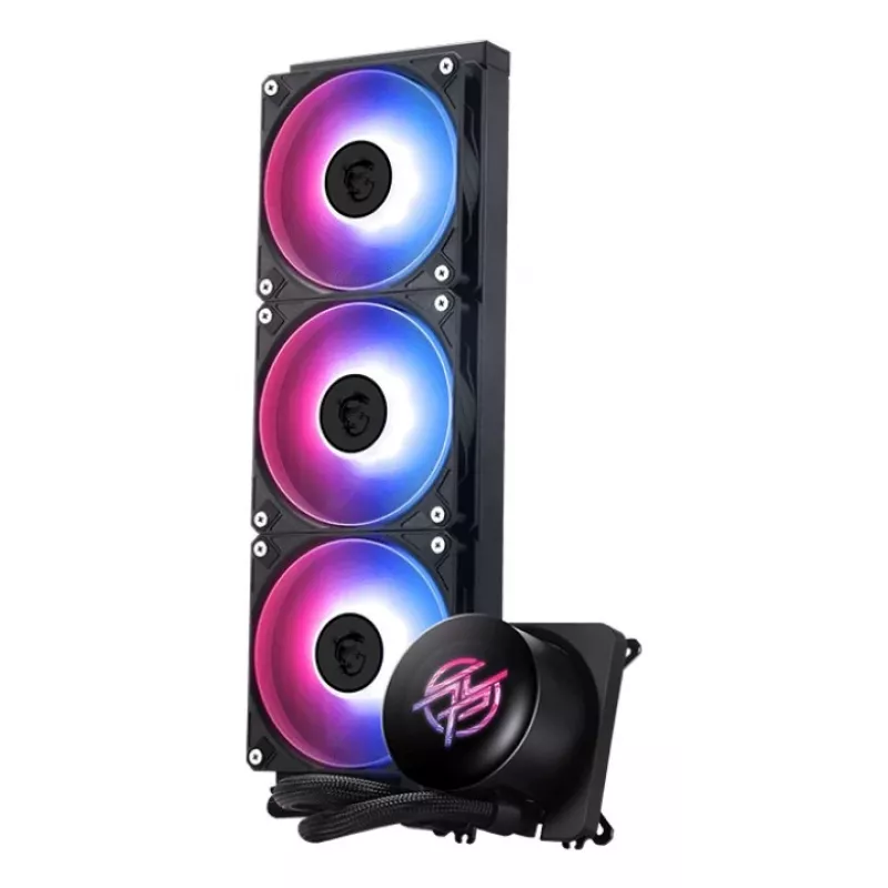 MSI MPG CORELIQUID P13 — 120 mm ventiliatoriai, 3 ventiliatorių radiatorius, LGA 1851 palaikymas, juoda