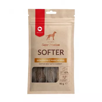 Šunų skanėstai MACED Softer Beef su morka 100 g — minkšti jautienos ir morkų treniruočių kąsneliai suaugusiems šunims