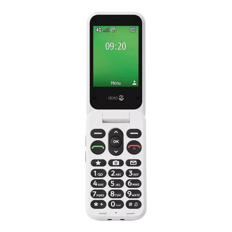 Doro Leva E22 sulankstomas telefonas, 2,8 colio (7,11 cm) ekranas, viena SIM, 0,3 MP kamera, 1150 mAh, 127,8 g, raudonai baltas