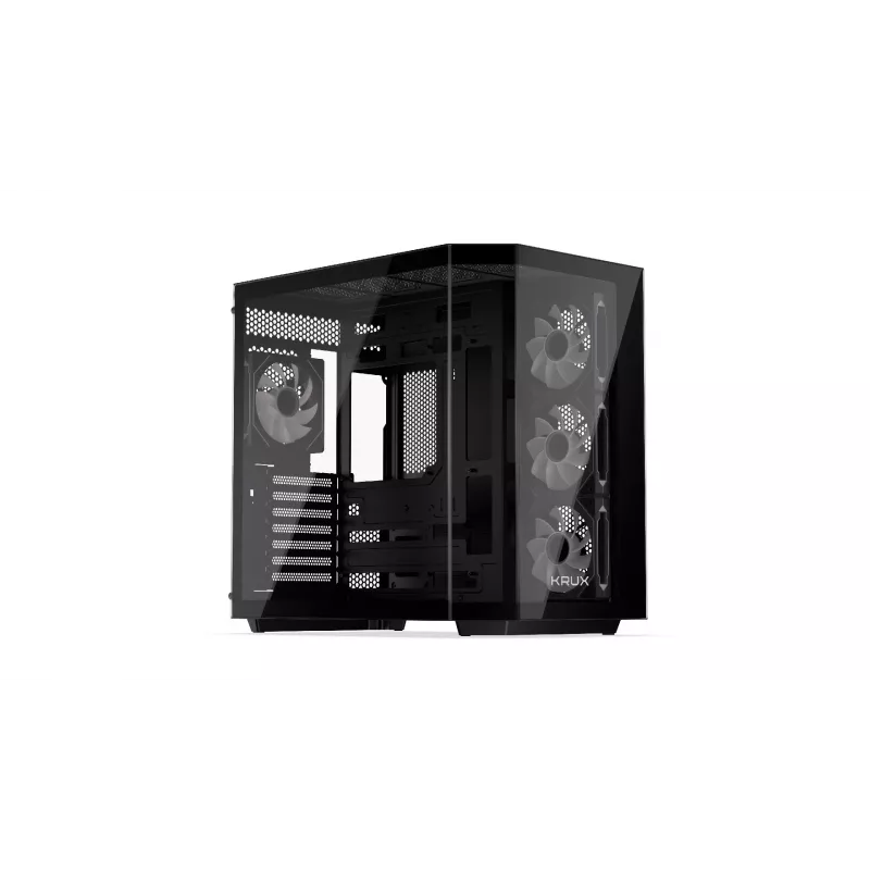 Krux Empero KRXD010 Midi Tower PC korpusas, ATX, su grūdinto stiklo skydu, 4 x 120 mm ARGB ventiliatoriai, juodos spalvos - GPU iki 420 mm, procesoriaus aušinimas iki 155 mm, 2x 3,5" + 3x 2,5" įdėklai