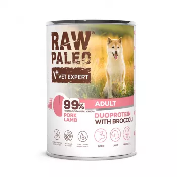 Šlapias šunų maistas VETEXPERT RAW PALEO Duoprotein Kiauliena & Aviena suaugusiems 400 g, be grūdų, be glitimo