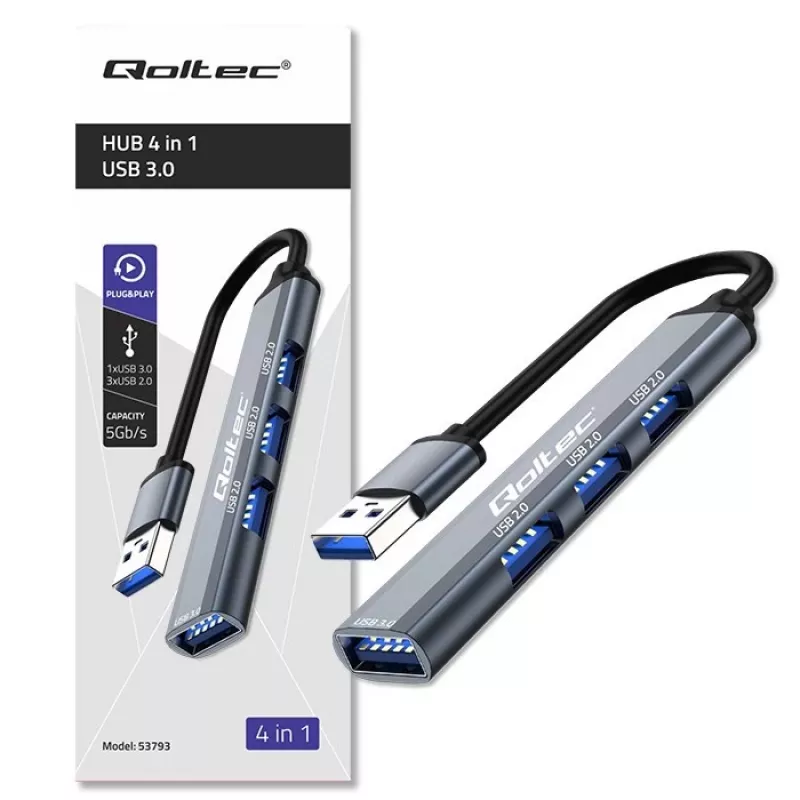 USB šakotuvas QOLTEC 53793 – USB 3.0 įvadas, 3× USB 2.0 prievadai