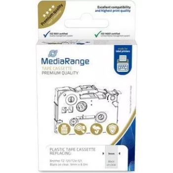 MediaRange MRBTZ121 plastikinė kasetė su juoda spauda ant skaidrios juostos 9 mm x 8 m