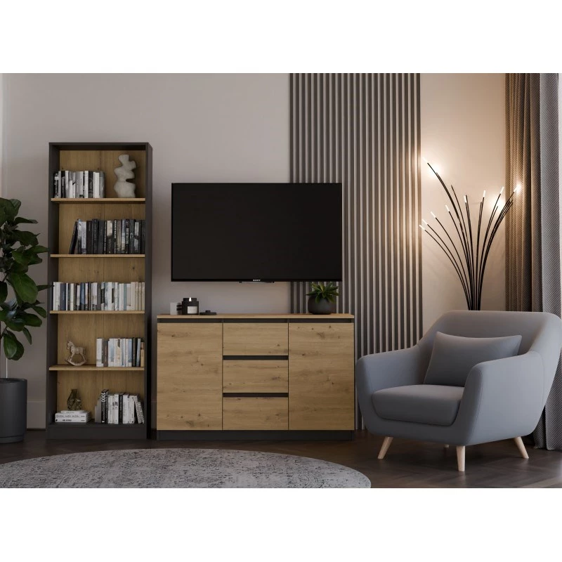 Komoda Topeshop 2D3S ANT/ART BA KPL – antracitas ir ąžuolas, 3 stalčiai, medžio drožlių plokštės korpusas