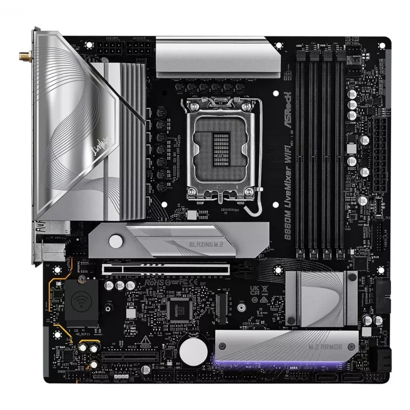 Motininė plokštė ASRock B860M LiveMixer WiFi – Intel B860, LGA 1851, micro ATX, DDR5, 4x DIMM, Wi‑Fi 6E, 2.5Gb LAN