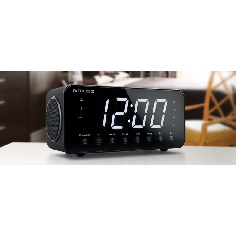Radijo laikrodis Muse M-192 CR – skaitmeninis laikrodis, FM imtuvas, 1,8 colio LED ekranas, juodo medžio spalva, AC 100–240V, AAA atsarginė baterija