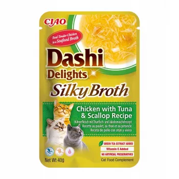 Šlapias skanėstas katėms INABA Dashi Delights – Vištiena su tunu ir šukute, 40 g pakelis, 93% drėgmės, 5,5% baltymų