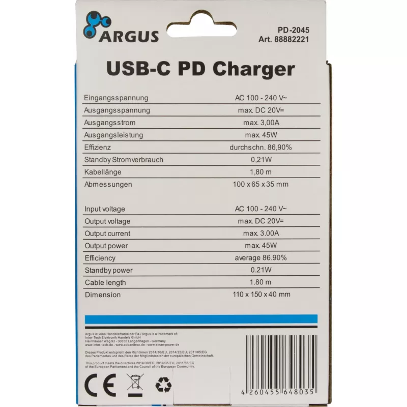 Įkroviklis Inter-Tech PD-2045 Universal Juodas AC Vidaus 20V USB-C