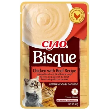 Šlapias kačių skanėstas INABA Ciao Bisque – Vištiena su jautiena, 40 g pakelis, be grūdų, be cukraus