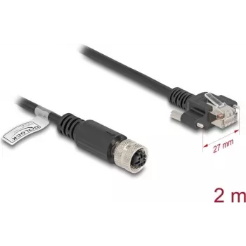 Tinklo kabelis DeLOCK M12 D-koduotas 4 kontaktų moteriškas į RJ45 kištuką Cat.5e 2 m juodas