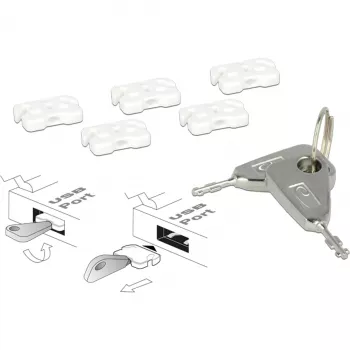 USB prievadų blokavimo rinkinys USB-A lizdui, kištukinis užraktas Baltas/Sidabrinis, 5 vnt. USB prievadų blokatorių, 2 raktai