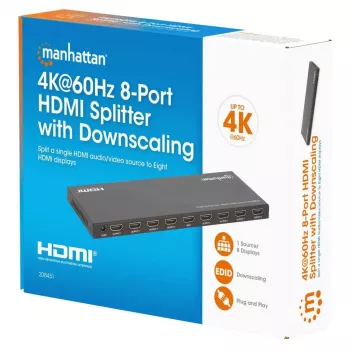 Manhattan 4K@60Hz 8 prievadų HDMI skirstytuvas su raiškos mažinimu, 1x8, 18G, EDID perjungimas, juodas