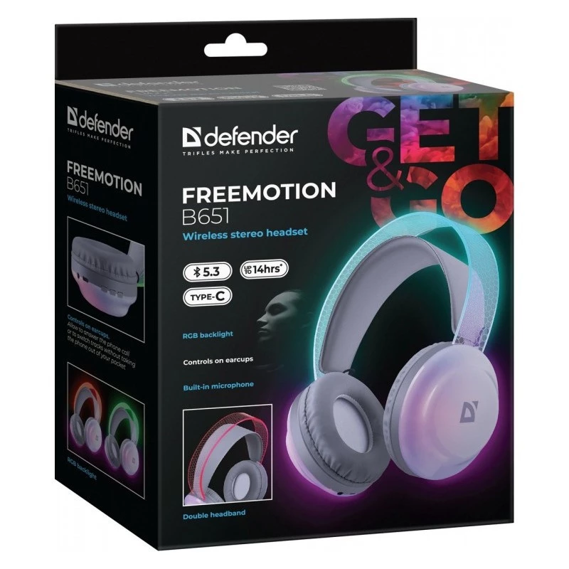Belaidės ausinės ant galvos DEFENDER Freemotion B651 – binauralinės, uždaros akustinės, 20–20000 Hz, 105 dB, USB-C, AUX