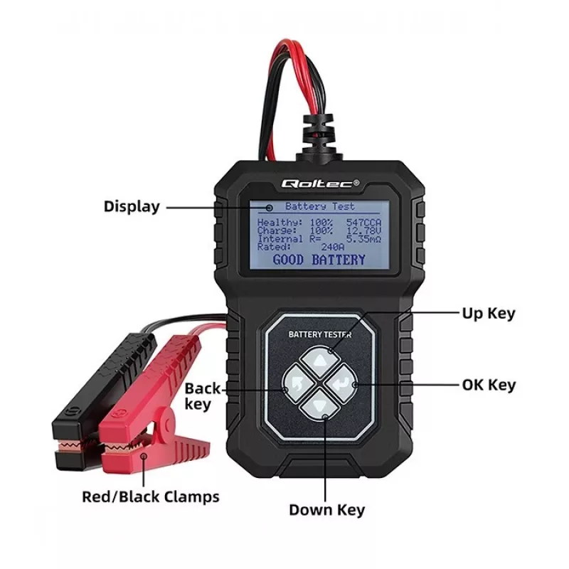 Qoltec skaitmeninis akumuliatoriaus testeris su LCD | Lenkiškas meniu | 12V | AGM | GEL | STD | 30-220AH