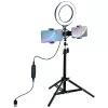LED žiedinė šviesa 16 cm su trikoju stovu iki 70 cm ir dvigubu telefono laikikliu, USB