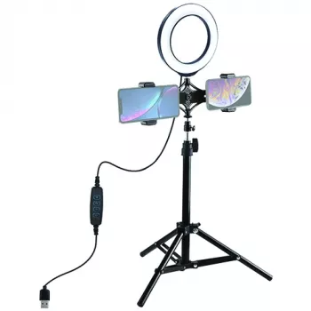 LED žiedinė šviesa 16 cm su trikoju stovu iki 70 cm ir dvigubu telefono laikikliu, USB