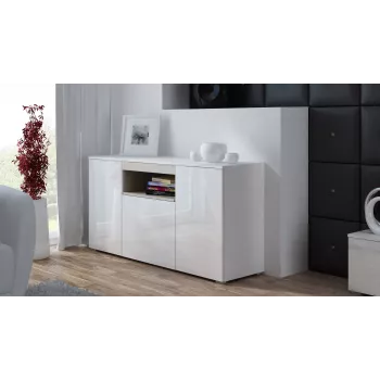 Sideboard Cama Meble VIVA 150 balta/balta blizgi ir sonoma ąžuolas, 3 durys, 5 lentynos, 1500×450×800 mm