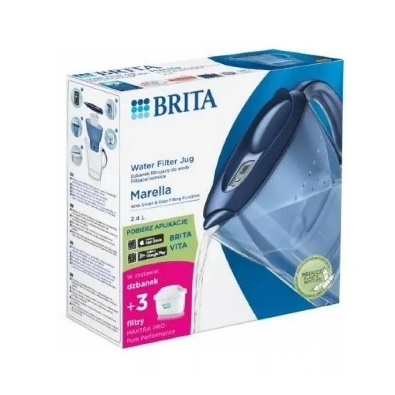 Vandens filtro ąsotis BRITA Marella 2,4 L su 3 Pure Performance kasetėmis, Maxtra Pro, mėlynas