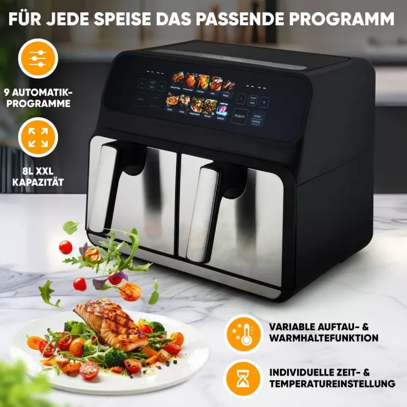Karšto oro gruzdintuvė ProfiCook PC-FR 1287 H — dviguba 8 l, 2200 W, jutiklinis LED, juoda/nerūdijantis plienas