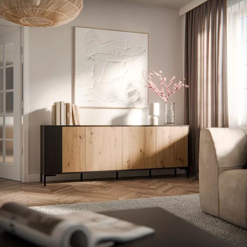 Komoda Cama Meble MERCI 200 x 40 x 74 cm – juoda/artisan ąžuolas, medžio drožlių plokštė