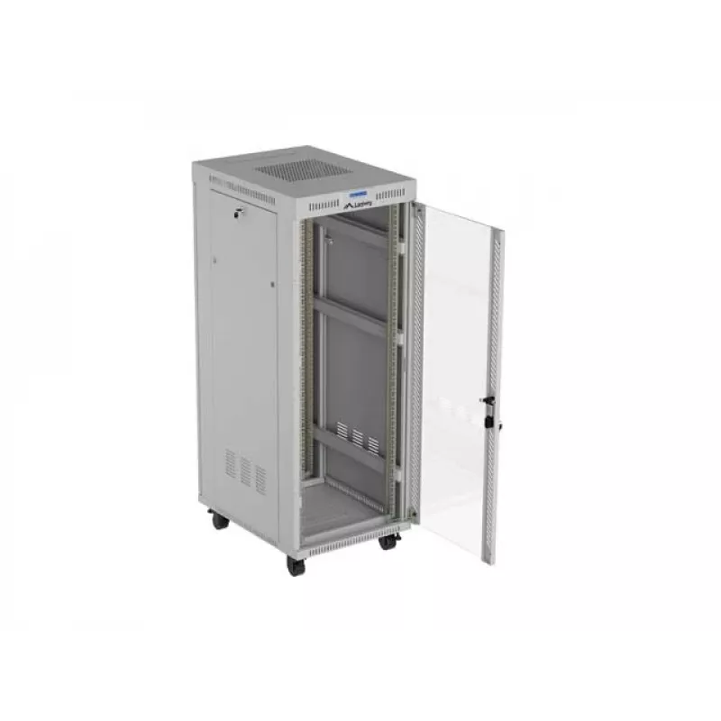 19 colių 32U LANBERG stovimas serverio spintos korpusas 600×800 mm pilkas su stiklinėmis durelėmis ir LCD (Flat Pack)
