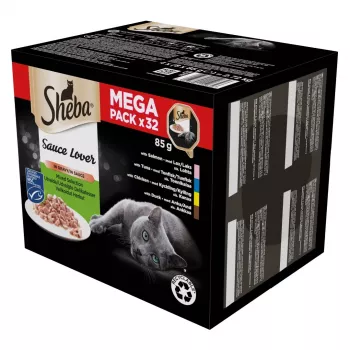 Šlapias kačių ėdalas padėkle Sheba asortimentas 32 x 85 g – mišrus paukštiena, antis, lašiša, tunas