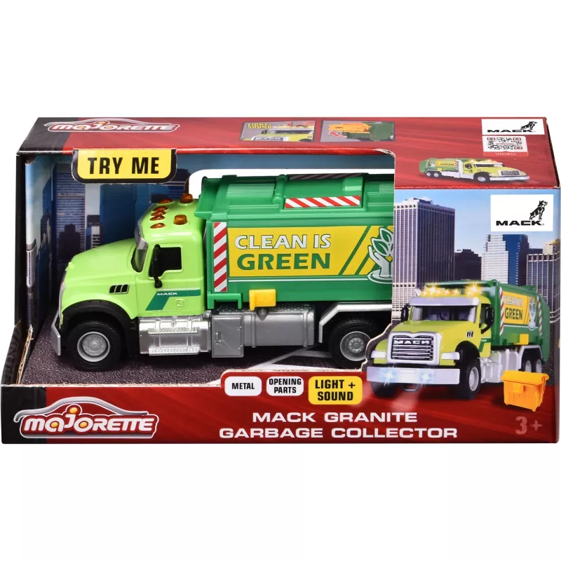 Žaislinis automobilis Majorette Mack Granite šiukšliavežis modelis 213743007, liejimo skalės žaislas