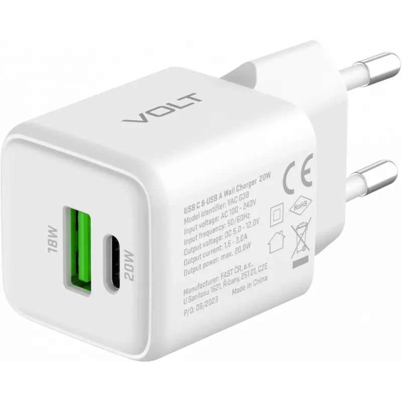 Sieninis USB-C / USB-A įkroviklis YENKEE YAC G38 20W 3A Power Delivery