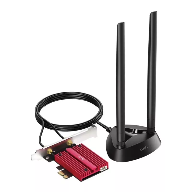 Vidinė WLAN Bluetooth tinklo plokštė Cudy WE9300S PCIe, Wi‑Fi 7 (802.11be) trijuostė 2.4/5/6 GHz, 5765 Mbit/s, Bluetooth 5.4, išorinė 2x2 antena