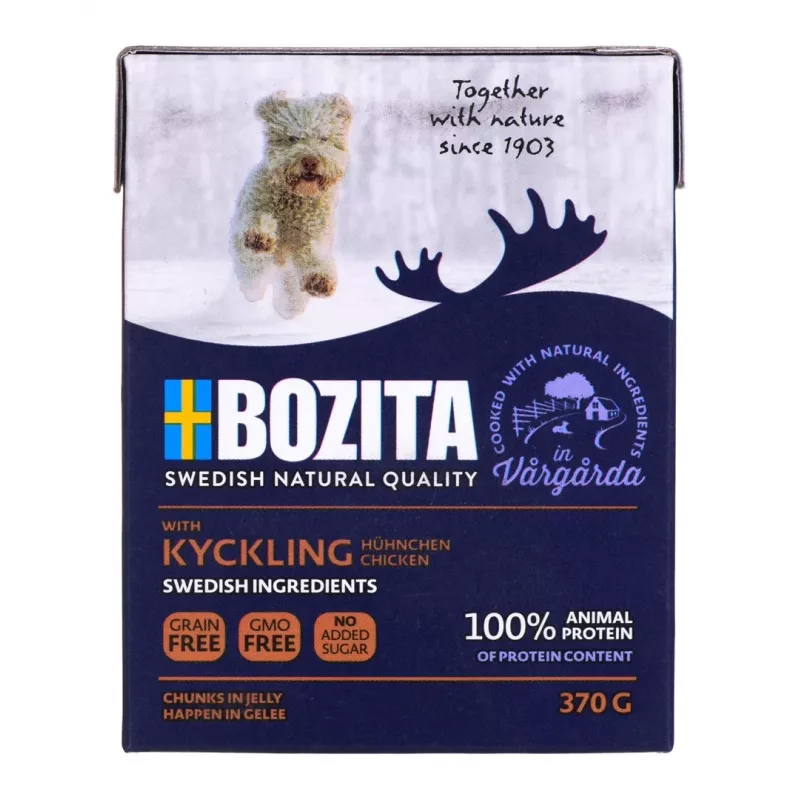 Šlapias šunų ėdalas BOZITA WITH CHICKEN – Gabaliukai drebučiuose, 370 g, suaugusiems šunims, be glitimo ir sojos