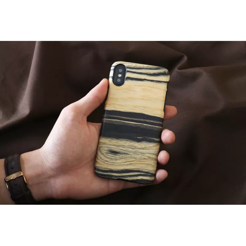 Dėklas iš natūralios medienos iPhone X/XS – baltas juodmedis su juodais akcentais