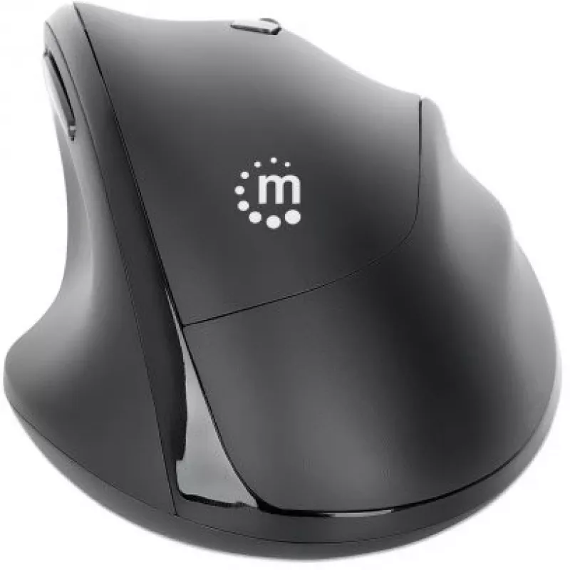 Manhattan ergonominė belaidė pelė, dešiniarankiams, reguliuojama 800/1200/1600 dpi, 2,4 GHz (iki 10 m), šeši mygtukai su slinkimo ratuku, kombinuotas USB-A ir USB-C imtuvas, juoda, AA baterija (įtraukta), trejų metų garantija