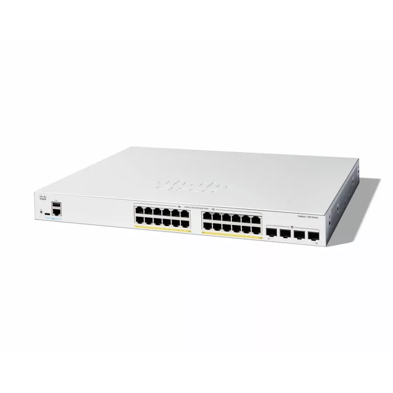 Cisco Catalyst 1300-24FP-4G valdomas jungiklis, 24 prievadai GE, pilnas PoE, 4x1GE SFP, ribota viso naudojimo laiko apsauga (C1300-24FP-4G)