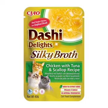 Šlapias skanėstas katėms INABA Dashi Delights – Vištiena su tunu ir šukute, 40 g pakelis, 93% drėgmės, 5,5% baltymų