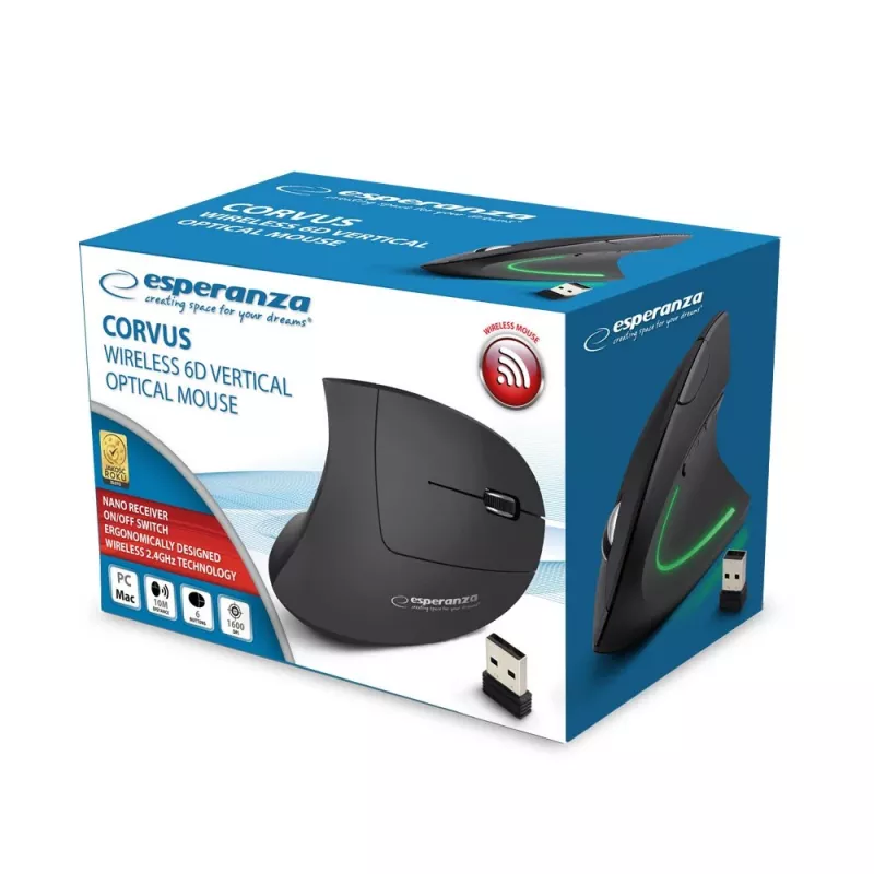 Esperanza EM133 Corvus vertikali bevielė pelė, 2,4 GHz, 1600 DPI