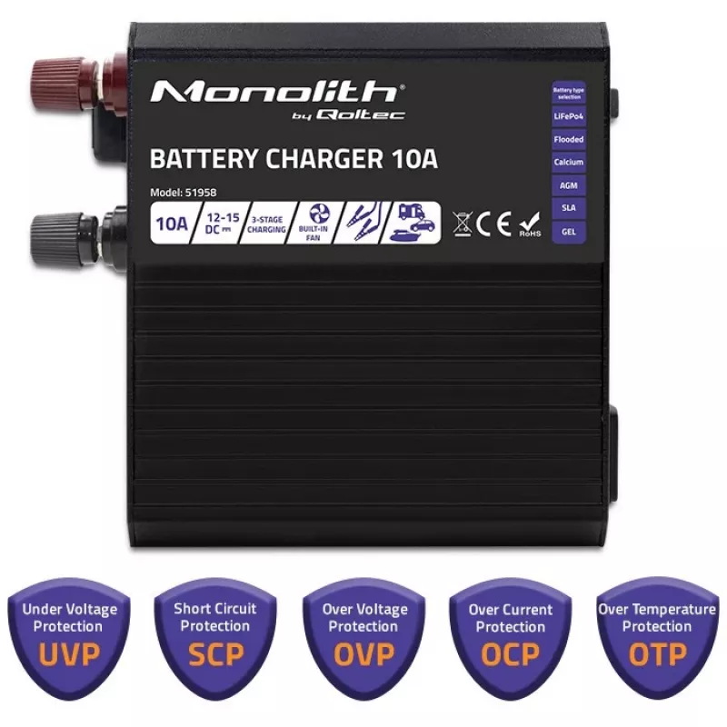 Qoltec Smart Monolith baterijų krautuvas, skirtas LiFePO4 AGM GEL SLA akumuliatoriams | 10A | 12V