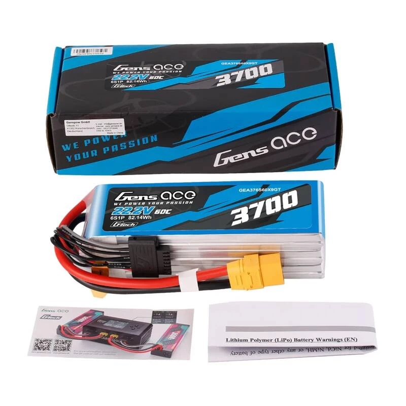 Baterija Gens ace GEA376S60X9GT 22.2 V LiPo įmontuota RC modeliams, 0,536 kg, juoda/mėlyna/pilka/balta