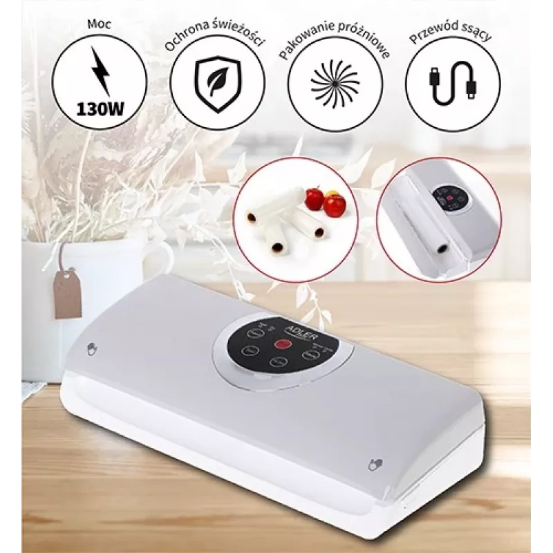 Vakuuminis pakuotojas Adler AD 4503, 130 W, vakuumas -750 iki -800 mbar, C tipo kištukas, pilkai baltas