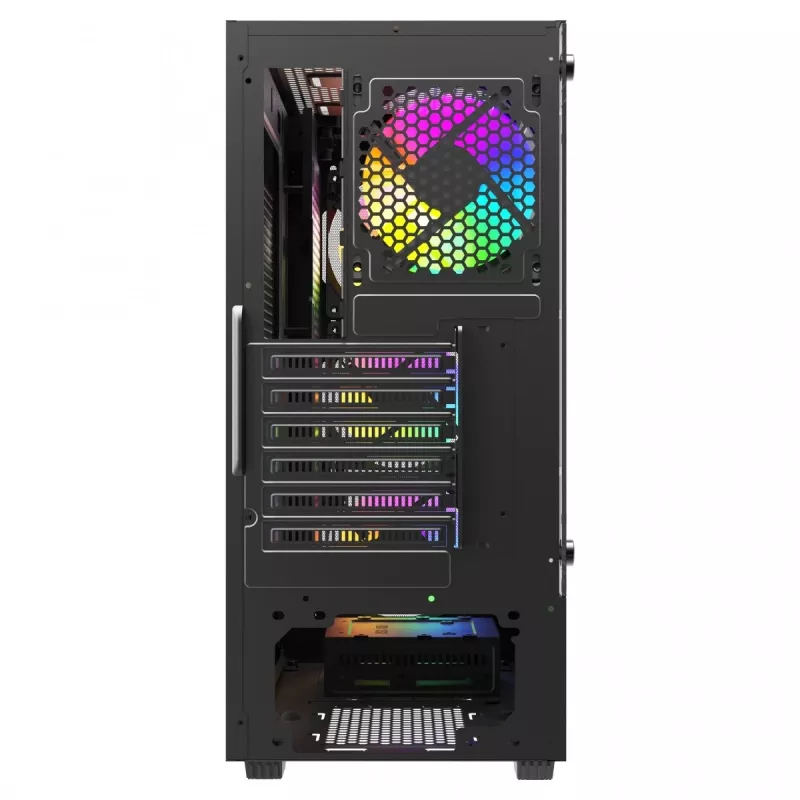 PC korpusas SAVIO Noctis Flow RGB — Cube, ATX/Mini-ITX, 3x 120 mm priekiniai ventiliatoriai, grūdintas stiklas šone, maks. GPU 35 cm