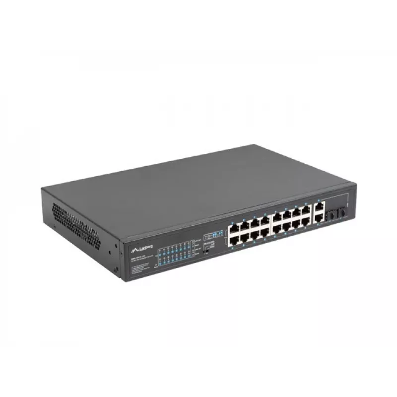 Nevaldomas komutatorius LANBERG RSFE-16P-2C-150 — 18 prievadų Gigabit, 16 PoE+/2 SFP, 150 W bendra galia, 1U stovas, metalinis, juodas