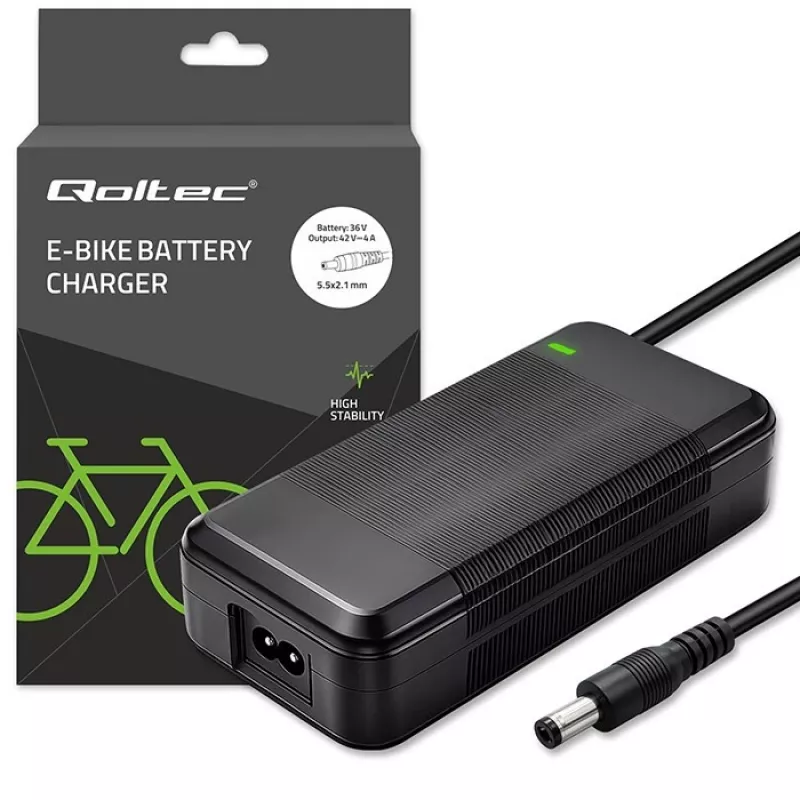 Įkroviklis QOLTEC 36V–42V 4A elektriniam dviračiui, DC kištukas 5,5×2,1 mm