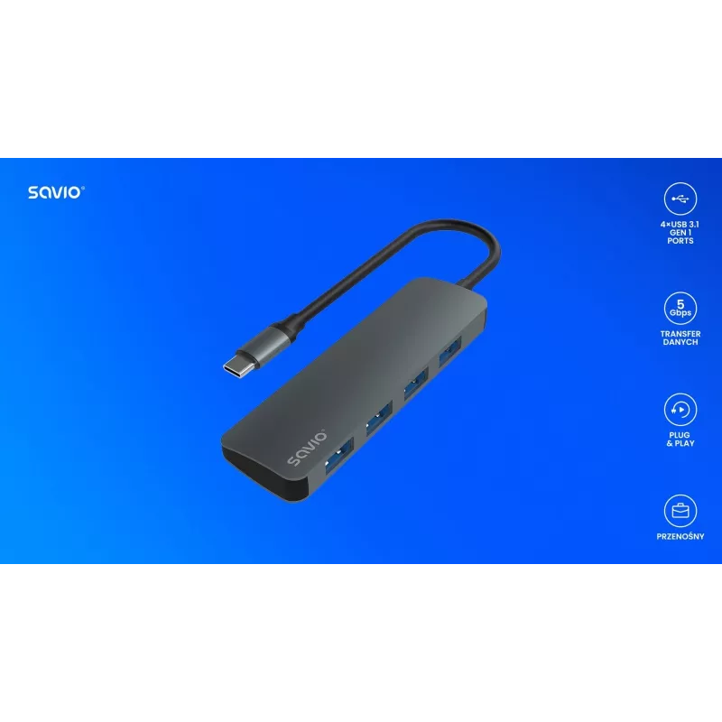 USB centrinis įrenginys SAVIO AK-54 — 4 x USB-A (USB 3.2 Gen 1), USB-C jungtis, juodas