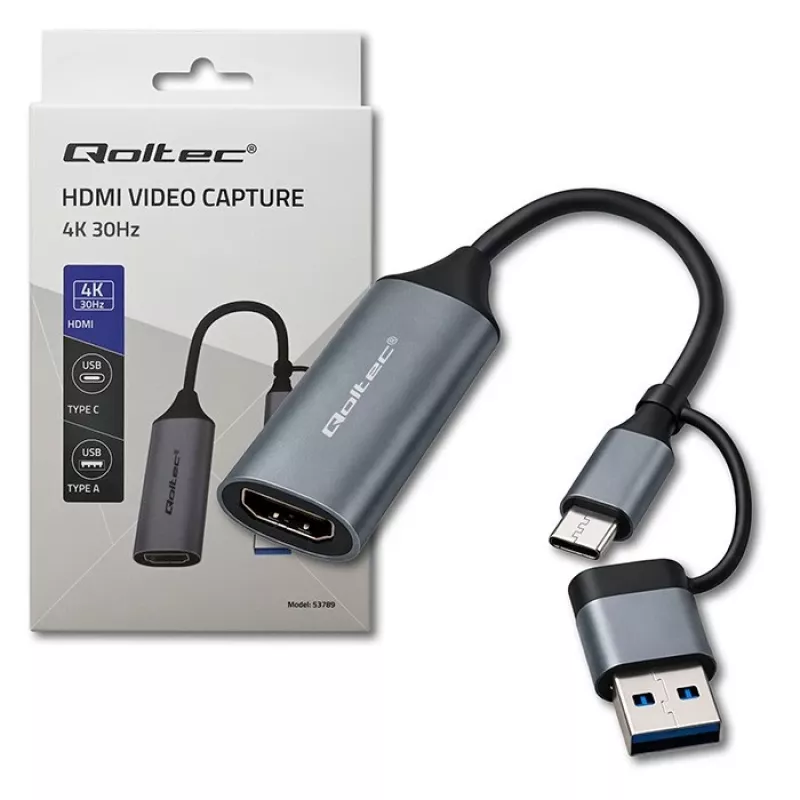 USB-C į USB-A ir HDMI 4K 30Hz adapteris QOLTEC aliuminis