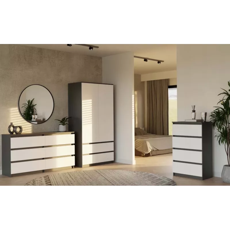 Spinta MALWA SS-90, 90×180×50 cm, antracitinis rėmas, balti varstomi durys, 2 stalčiai, laminatas 16 mm