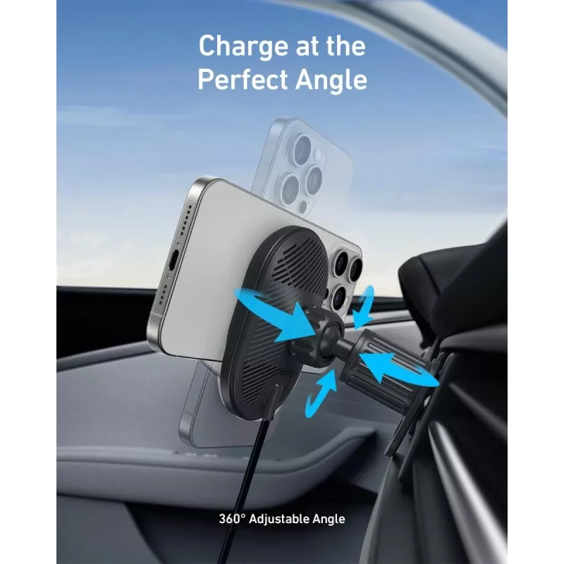 Belaidis magnetinis automobilinis kroviklis Anker MagGo 15W – 15W Qi greitasis krovimas išmaniesiems telefonams, juodas