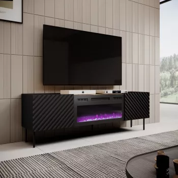TV spintelė su elektriniu židiniu Cama Meble ONDA 1805×400×580 mm, juoda, medžio drožlių plokštės viršus (ant grindų arba ant sienos)