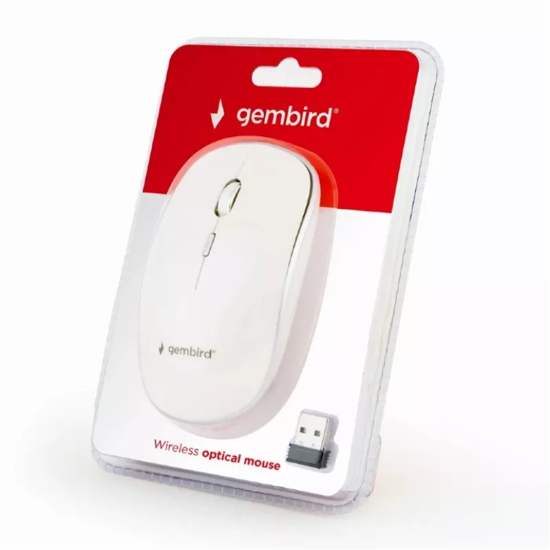 Belaidė pelė GEMBIRD MUSW-4B-01-W, ambidekstrinė, optinė 1600 DPI, 4 mygtukai, RF belaidė, balta